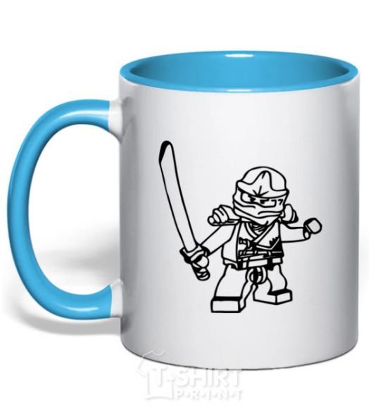 Mug with a colored handle Lego ninja with a sword sky-blue фото