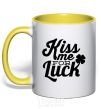 Mug with a colored handle Kiss me for luck yellow фото