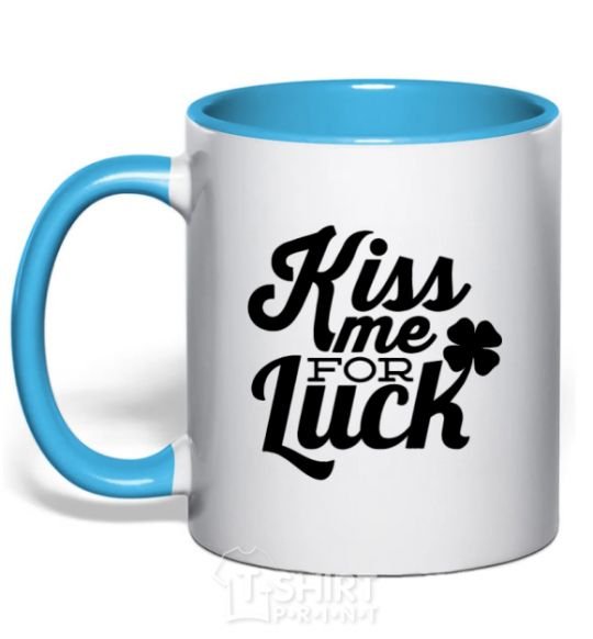 Mug with a colored handle Kiss me for luck sky-blue фото