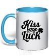 Mug with a colored handle Kiss me for luck sky-blue фото