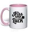 Mug with a colored handle Kiss me for luck light-pink фото