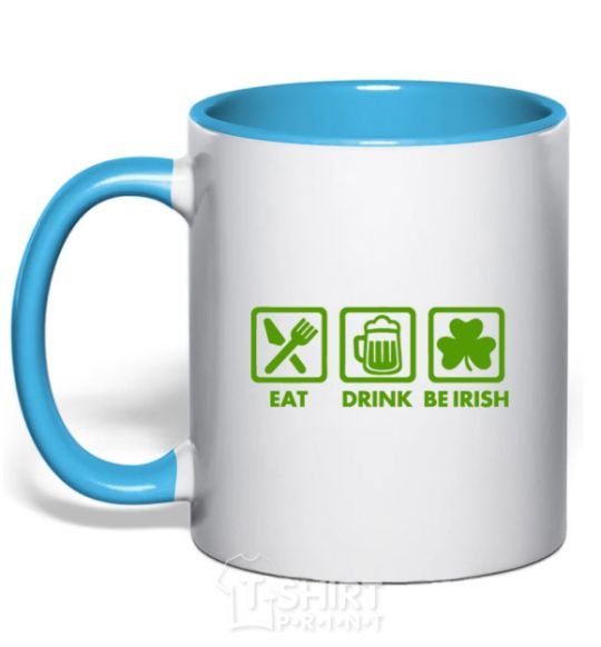 Mug with a colored handle Eat drink be irish sky-blue фото