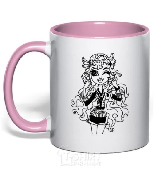 Mug with a colored handle Laguna Blue portrait light-pink фото