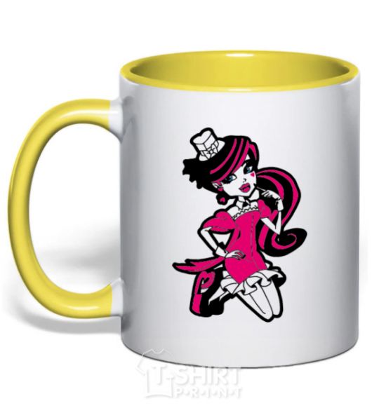 Mug with a colored handle Draculaura in a hat yellow фото