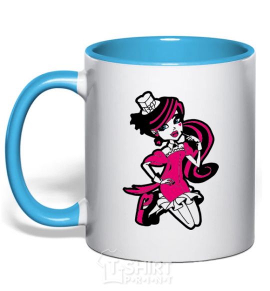 Mug with a colored handle Draculaura in a hat sky-blue фото