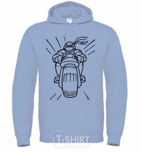 Men`s hoodie Ninja Turtle on a motorcycle sky-blue фото