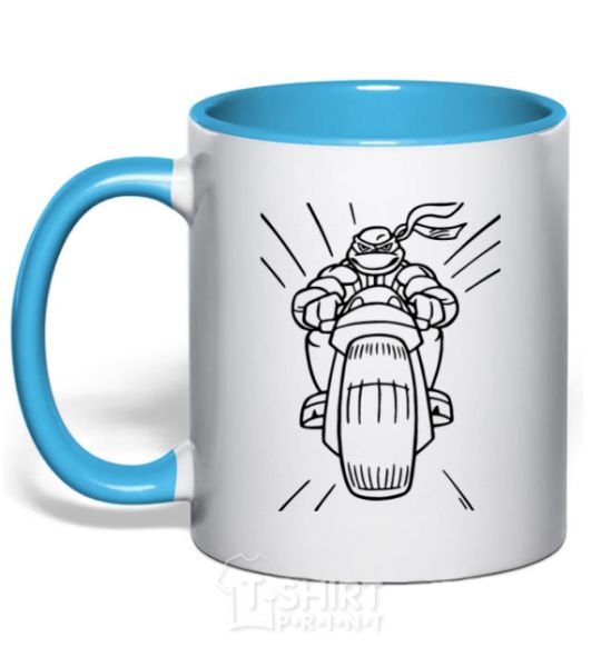 Mug with a colored handle Ninja Turtle on a motorcycle sky-blue фото