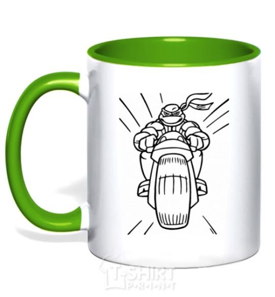 Mug with a colored handle Ninja Turtle on a motorcycle kelly-green фото