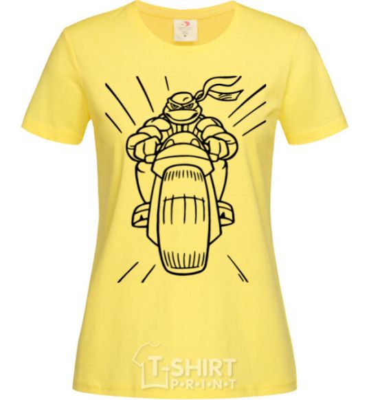 Women's T-shirt Ninja Turtle on a motorcycle cornsilk фото