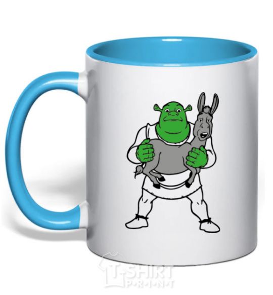 Mug with a colored handle Shrek and the donkey sky-blue фото