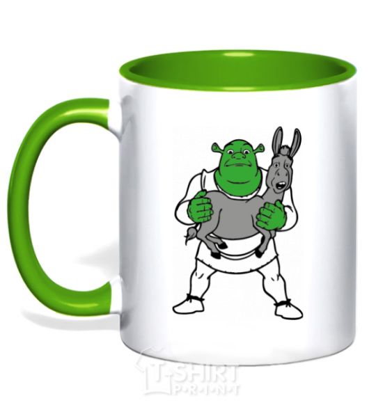 Mug with a colored handle Shrek and the donkey kelly-green фото