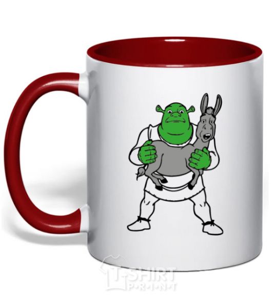 Mug with a colored handle Shrek and the donkey red фото