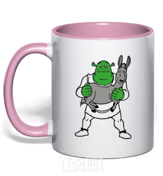 Mug with a colored handle Shrek and the donkey light-pink фото