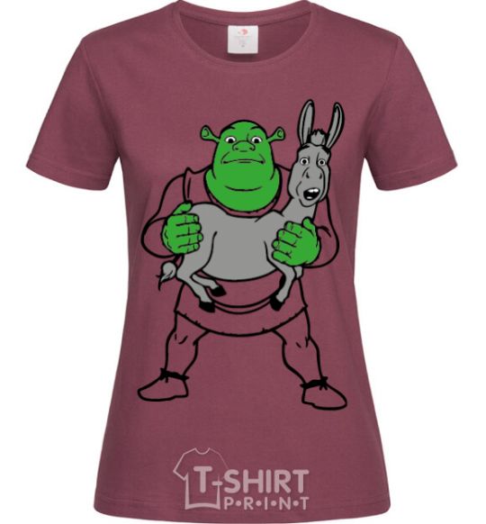 Women's T-shirt Shrek and the donkey burgundy фото