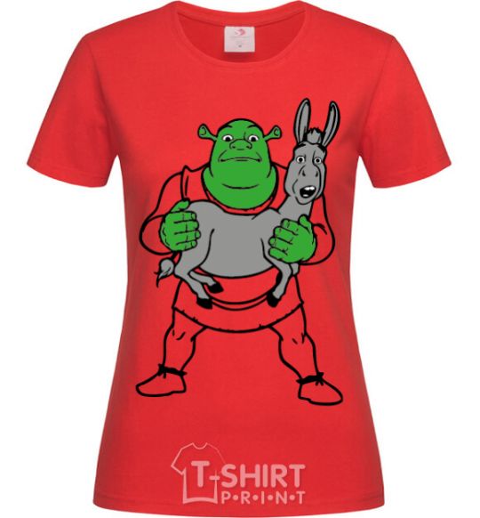 Women's T-shirt Shrek and the donkey red фото