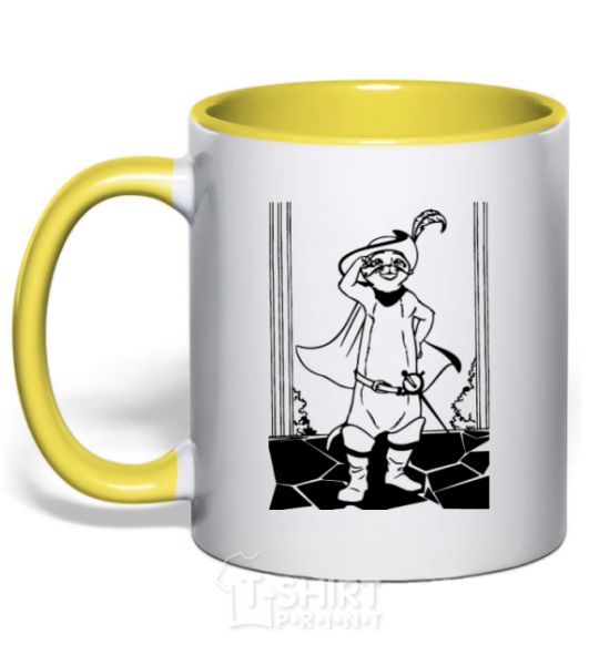 Mug with a colored handle A puss in boots yellow фото