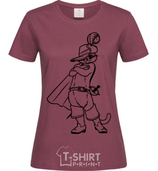 Women's T-shirt A cat in boots with a hat burgundy фото