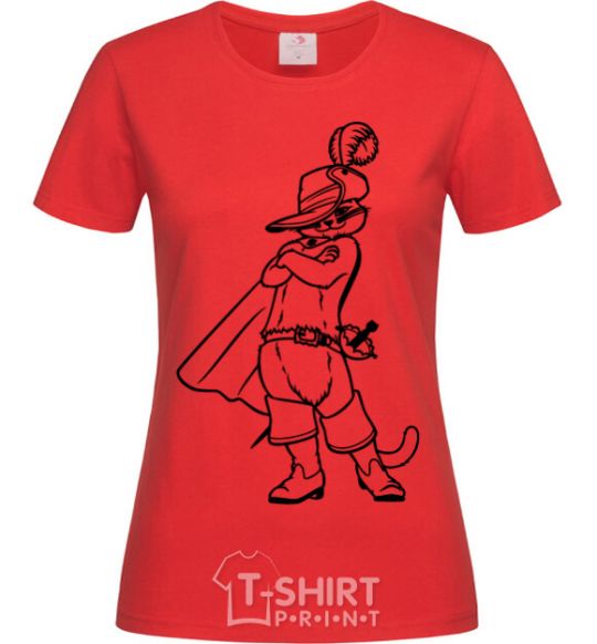 Women's T-shirt A cat in boots with a hat red фото