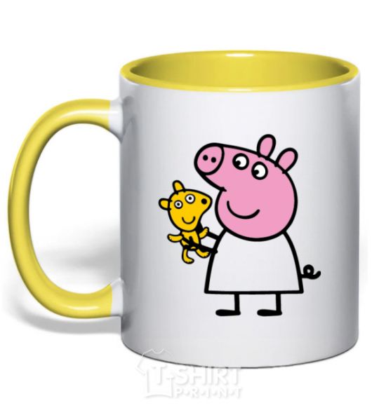 Mug with a colored handle Peppa and the teddy bear yellow фото