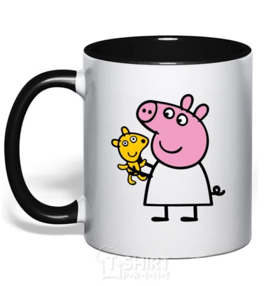 Mug with a colored handle Peppa and the teddy bear black фото