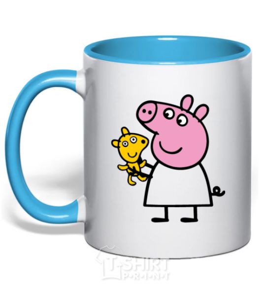 Mug with a colored handle Peppa and the teddy bear sky-blue фото