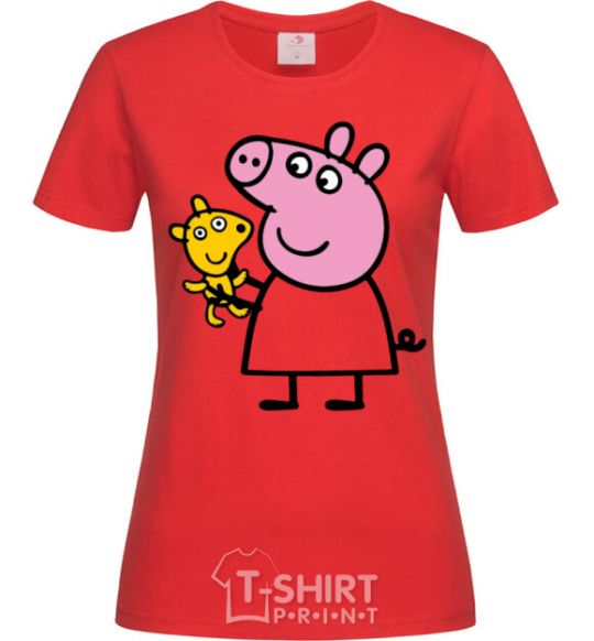 Women's T-shirt Peppa and the teddy bear red фото