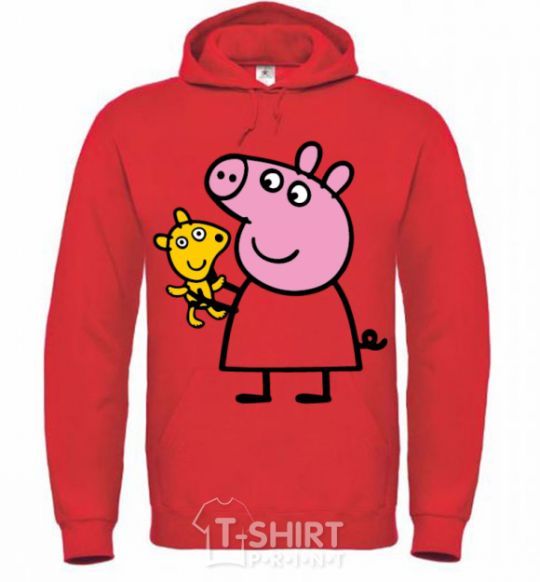Men`s hoodie Peppa and the teddy bear bright-red фото