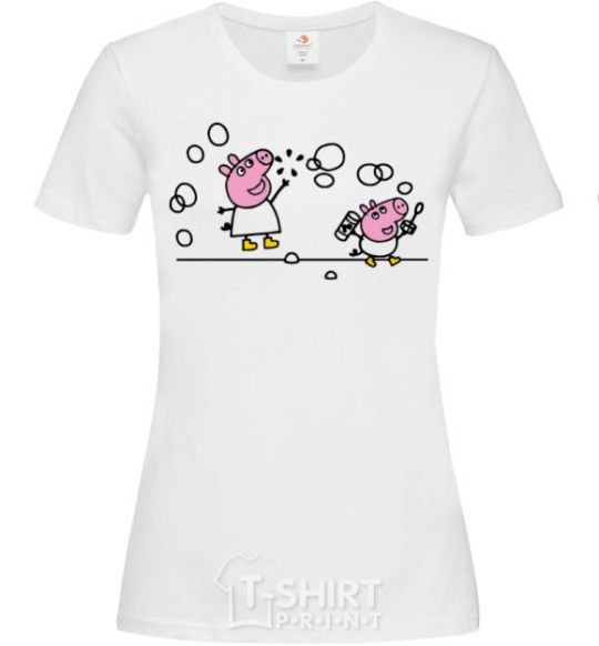 Women's T-shirt Peppa and George bursting bubbles White фото