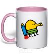 Mug with a colored handle Doodle jumr rocket light-pink фото