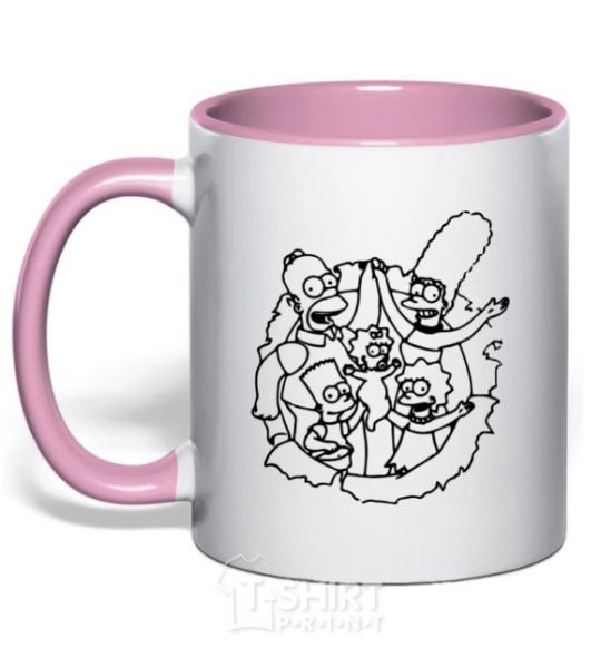 Mug with a colored handle The Simpsons together light-pink фото
