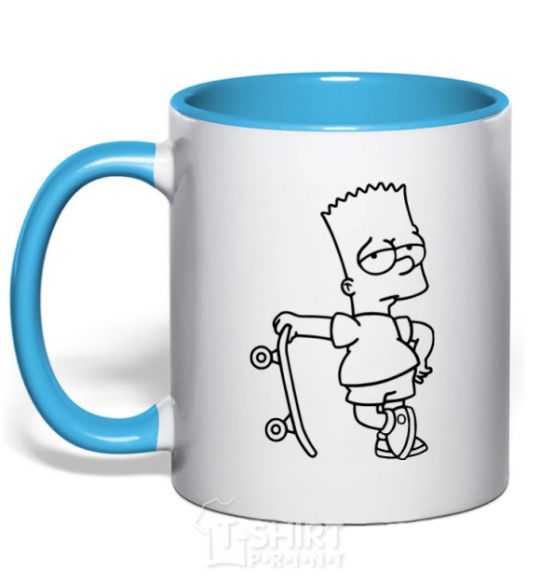 Mug with a colored handle Bart and his skateboard sky-blue фото