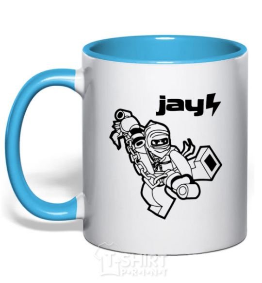 Mug with a colored handle Jay drawing sky-blue фото