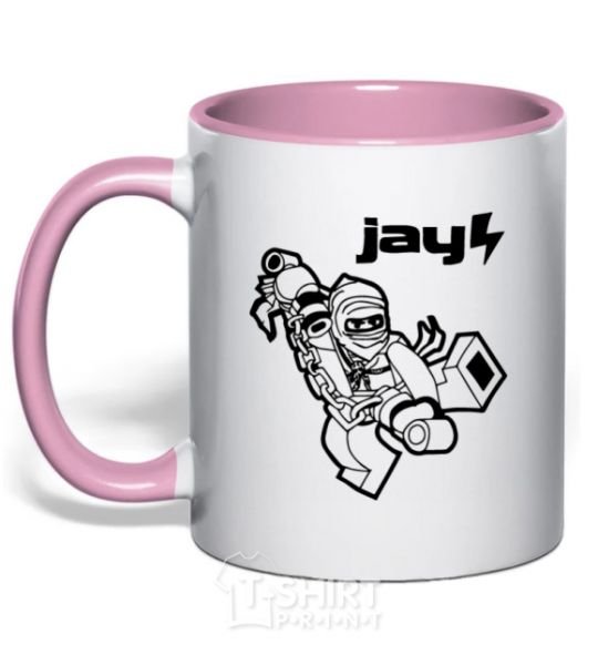 Mug with a colored handle Jay drawing light-pink фото