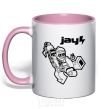 Mug with a colored handle Jay drawing light-pink фото