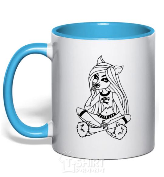 Mug with a colored handle A monster in slippers sky-blue фото