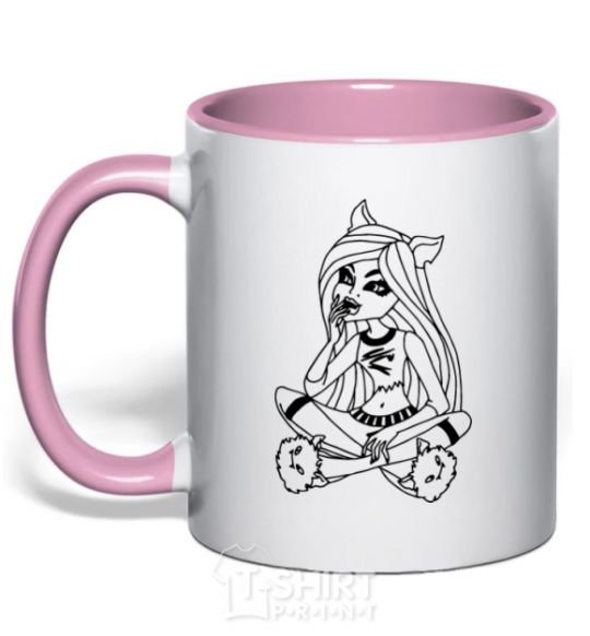 Mug with a colored handle A monster in slippers light-pink фото