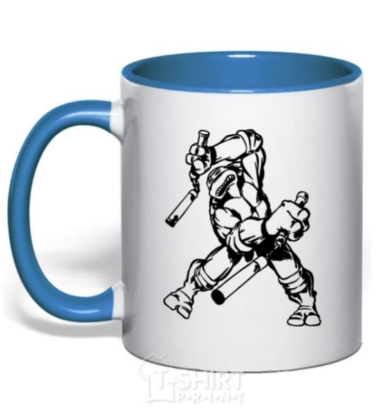 Mug with a colored handle Turtle with nunchakus royal-blue фото