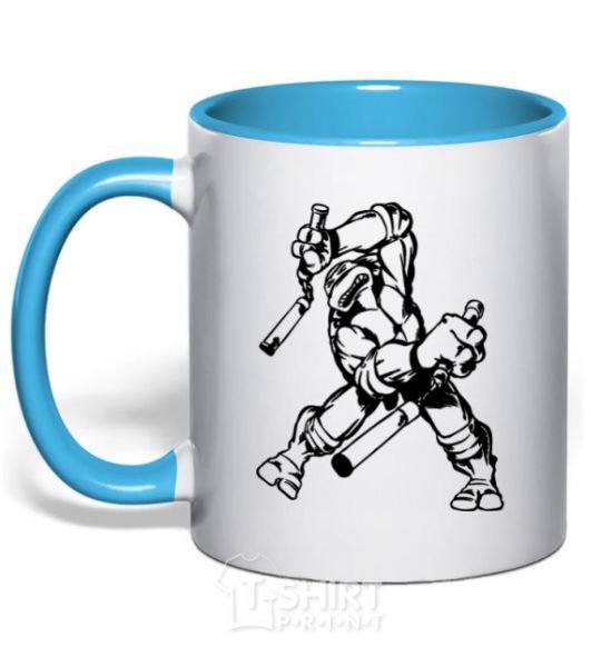 Mug with a colored handle Turtle with nunchakus sky-blue фото