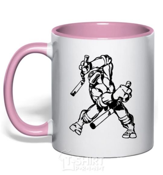 Mug with a colored handle Turtle with nunchakus light-pink фото