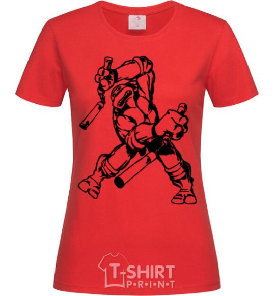 Women's T-shirt Turtle with nunchakus red фото