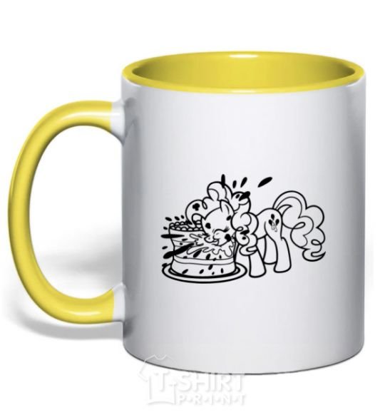 Mug with a colored handle Pinkie Pie eats cake yellow фото