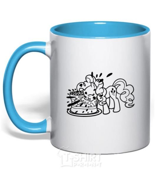 Mug with a colored handle Pinkie Pie eats cake sky-blue фото