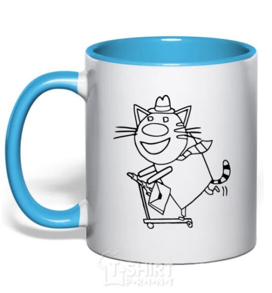 Mug with a colored handle A cat on a scooter sky-blue фото