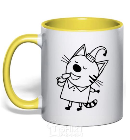 Mug with a colored handle A cat with ice cream yellow фото