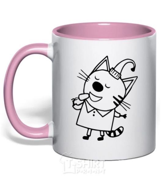 Mug with a colored handle A cat with ice cream light-pink фото