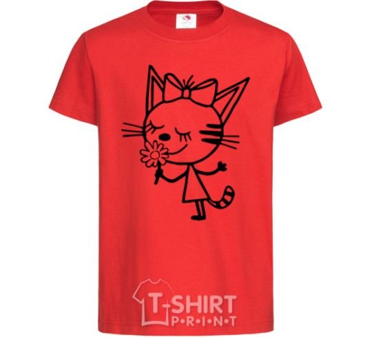 Kids T-shirt A cat with a flower red фото