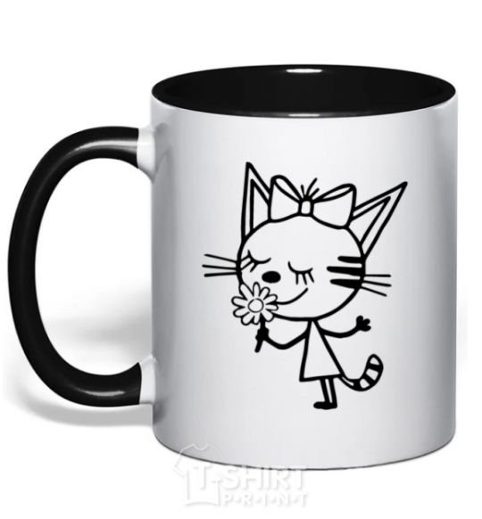 Mug with a colored handle A cat with a flower black фото