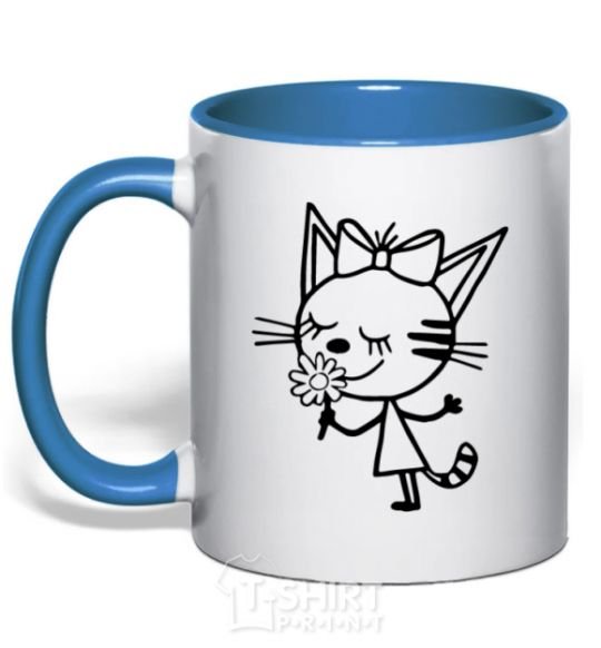 Mug with a colored handle A cat with a flower royal-blue фото
