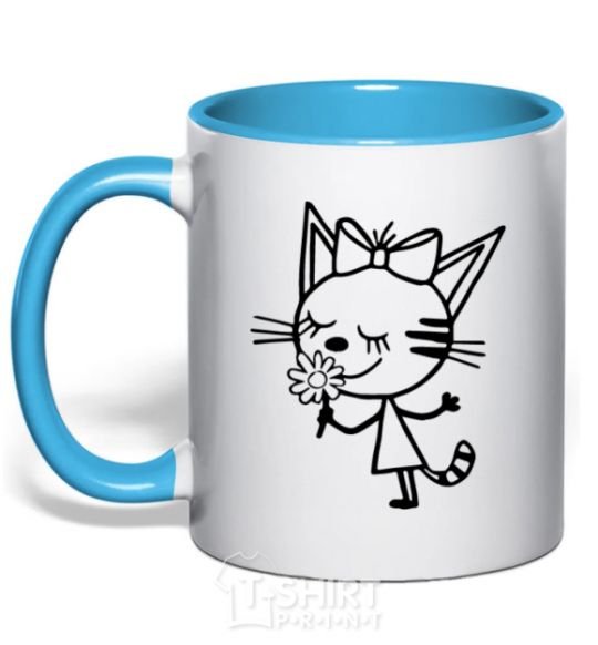 Mug with a colored handle A cat with a flower sky-blue фото