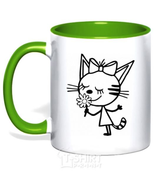 Mug with a colored handle A cat with a flower kelly-green фото